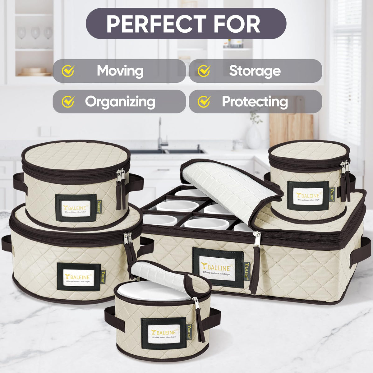 BALEINE stackable moving setup shows efficient space-saving storage.