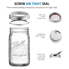 Ball jars labeled for juice and beverages in a kitchen setup.