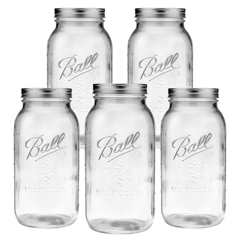 Ball 64oz wide-mouth jar with lids and bands for 5-pack storage and canning.