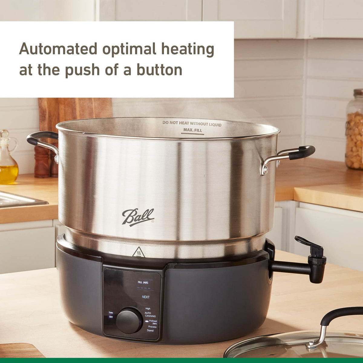 Ball EasyCanner filled with jars ready for canning demonstrates its 21-quart capacity.