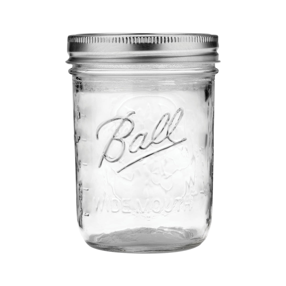 Ball mason jar close-up of clear glass and secure lid with band.