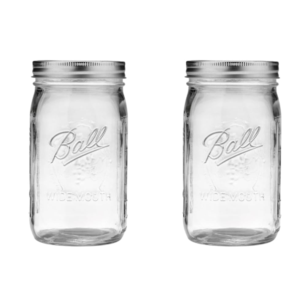 Ball Quart jar with wide mouth and silver lid for easy filling.