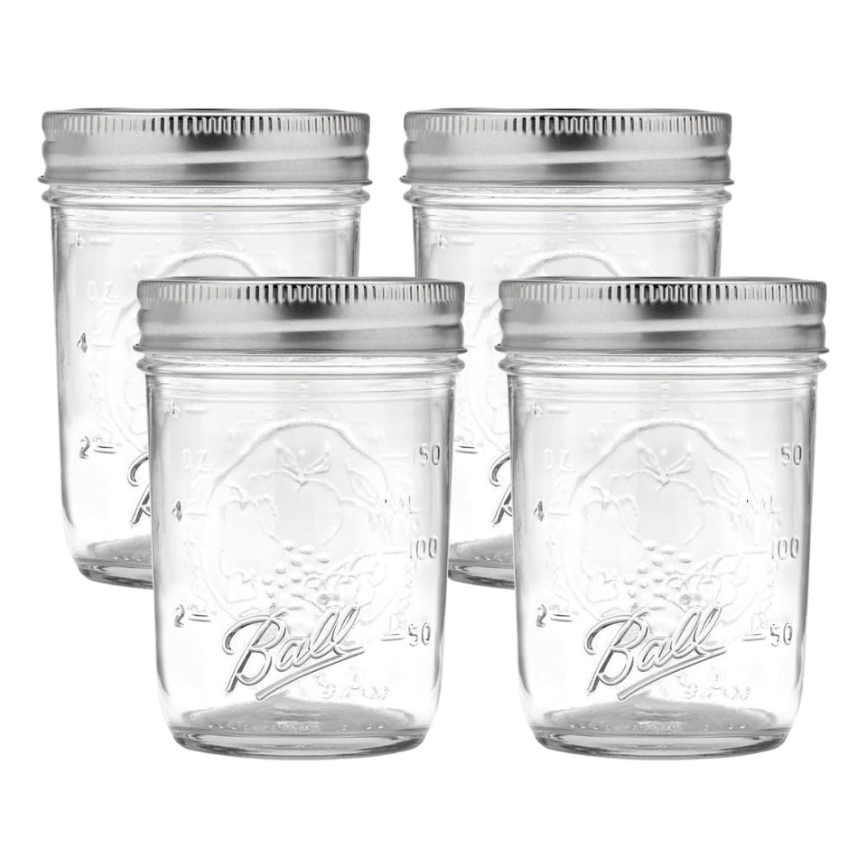 Ball regular mouth 8oz jar with lids and bands ideal for canning and storage.