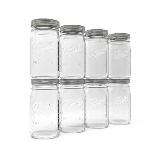 Ball wide-mouth 32oz jar with lids and bands for easy canning and storage.