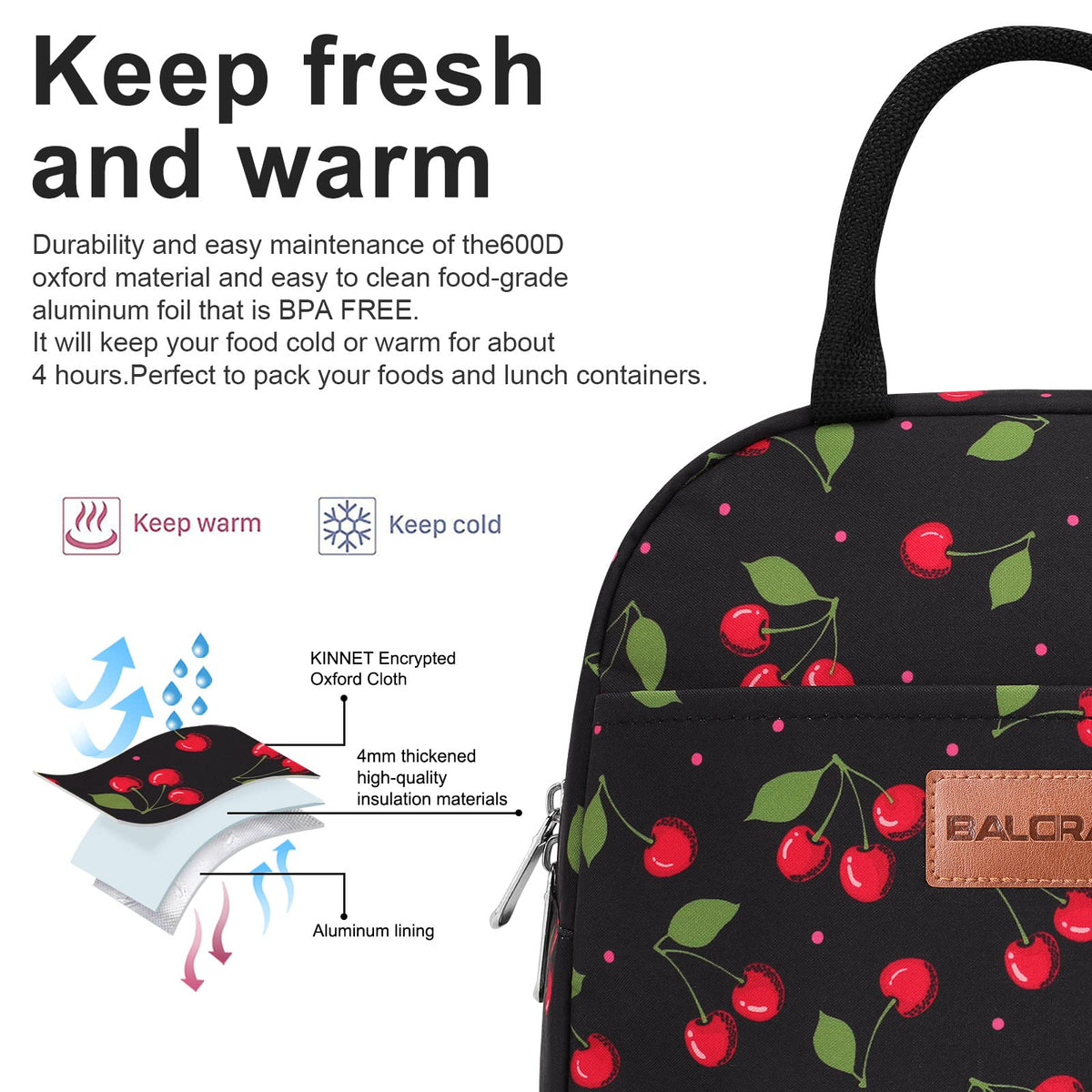 BALORAY lunch bag insulated interior emphasizes temperature control for fresh meals.