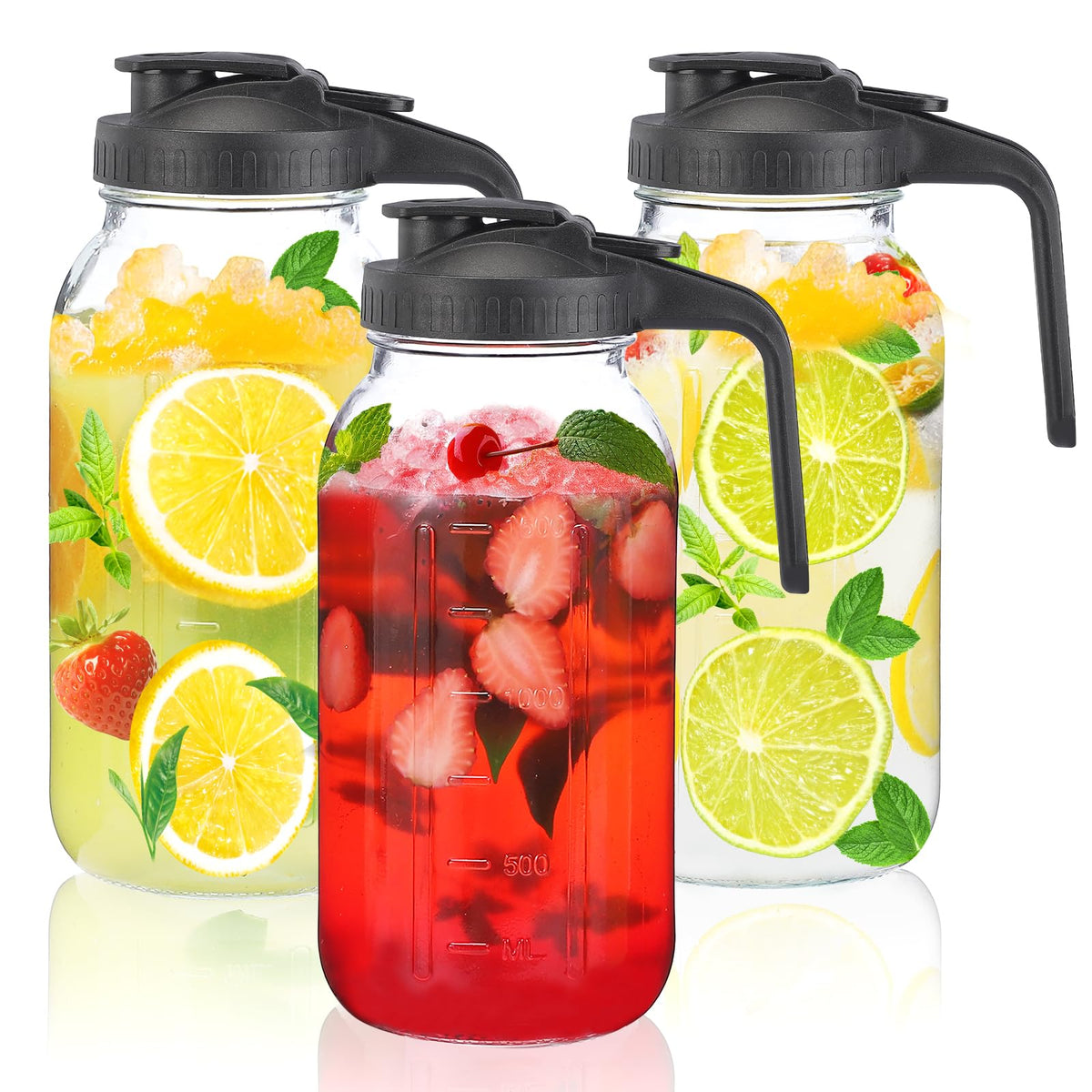 Balter-D Glass Mason Jar Pitcher with pour spout lid for leak-free 64oz storage