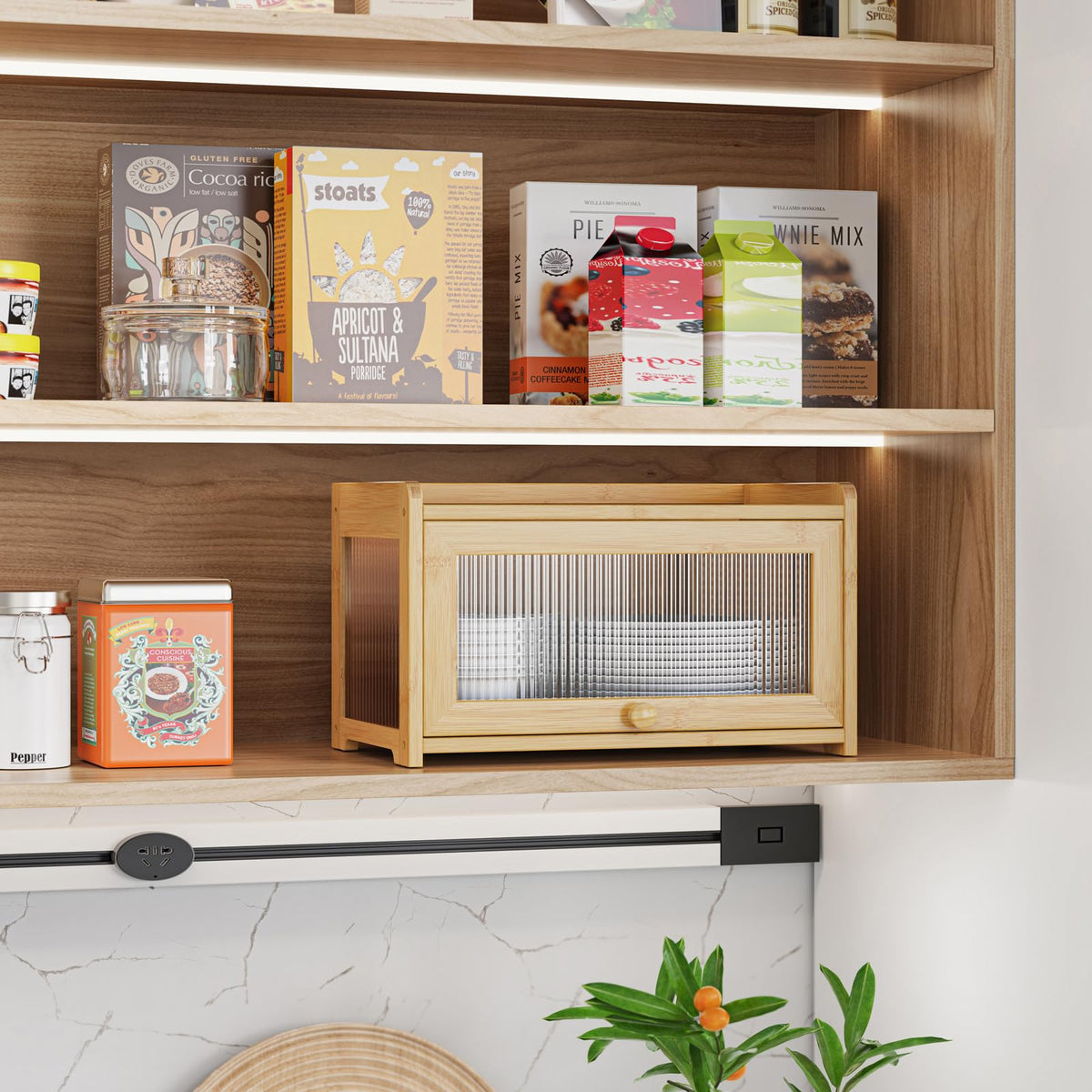 BAMBANG bread box flat top provides extra space for jars.