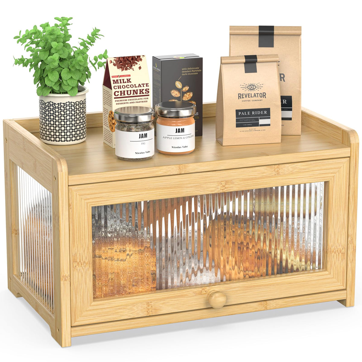BAMBANG bamboo bread box on the counter keeps bread organized and visible.