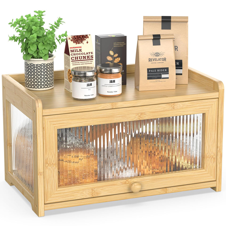 BAMBANG bamboo bread box on the counter keeps bread organized and visible.