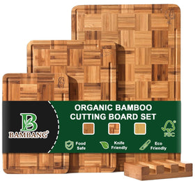 BAMBANG checkerboard end-grain cutting board close-up highlights premium durability.