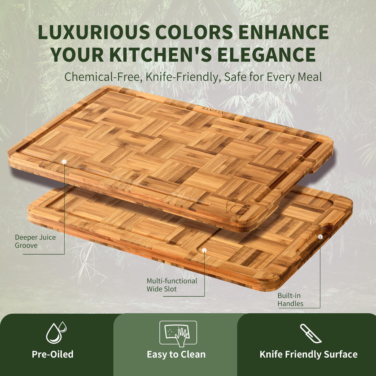 BAMBANG bamboo board with juice groove for tidy prep and cleanup.