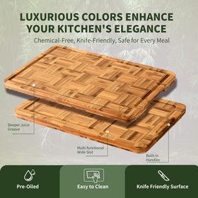 BAMBANG bamboo board with juice groove for tidy prep and cleanup.