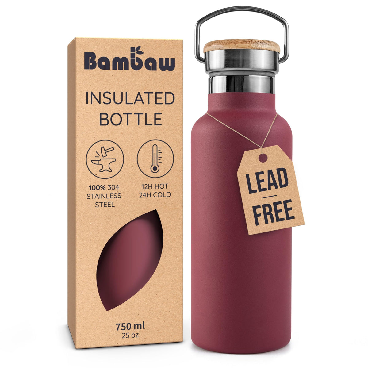 Bambaw 24oz insulated bottle in red berry keeps drinks hot or cold on the go.