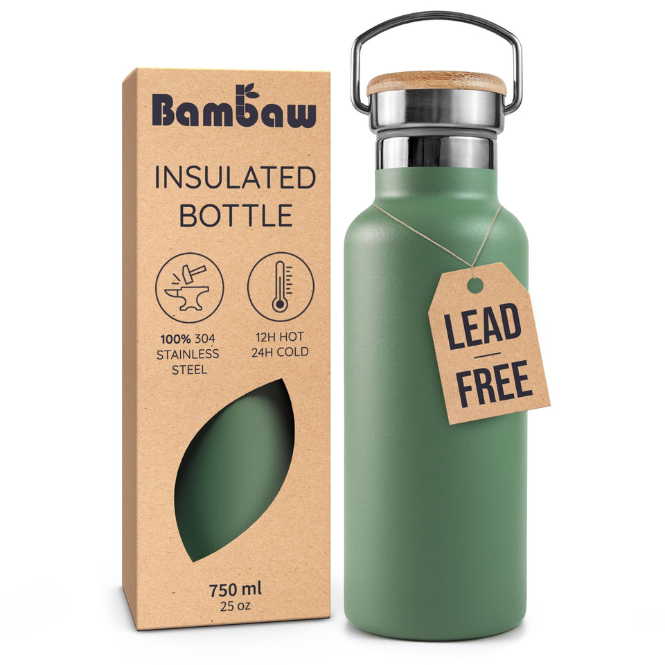 Bambaw 24oz bottle close-up in sage green cap, rugged stainless steel finish