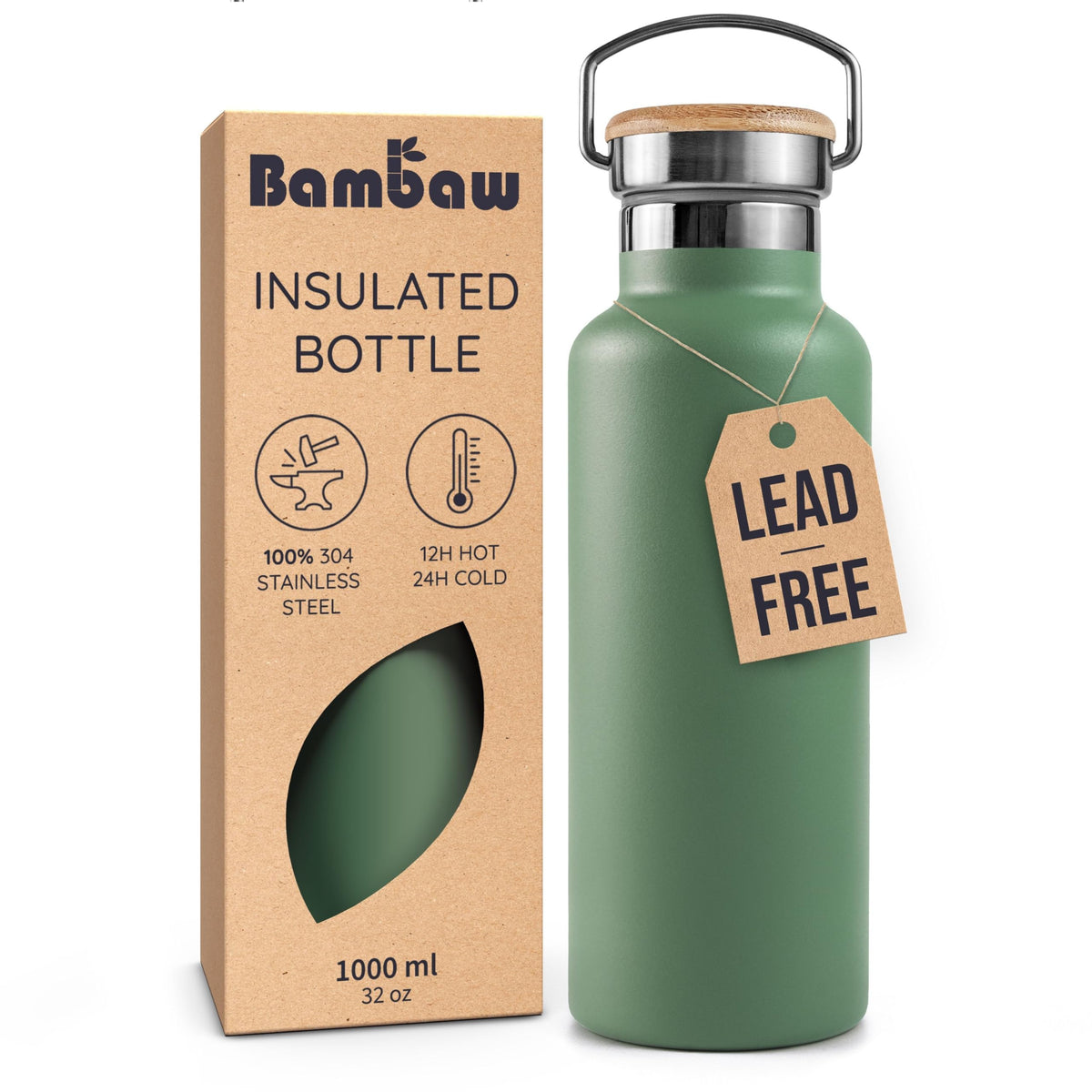 Bambaw 32oz insulated water bottle in sage green, durable and BPA-free for safe hydration.