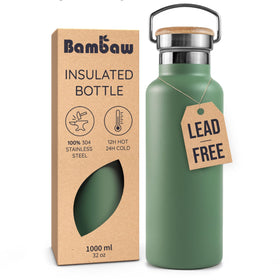 Bambaw 32oz insulated water bottle in sage green, durable and BPA-free for safe hydration.