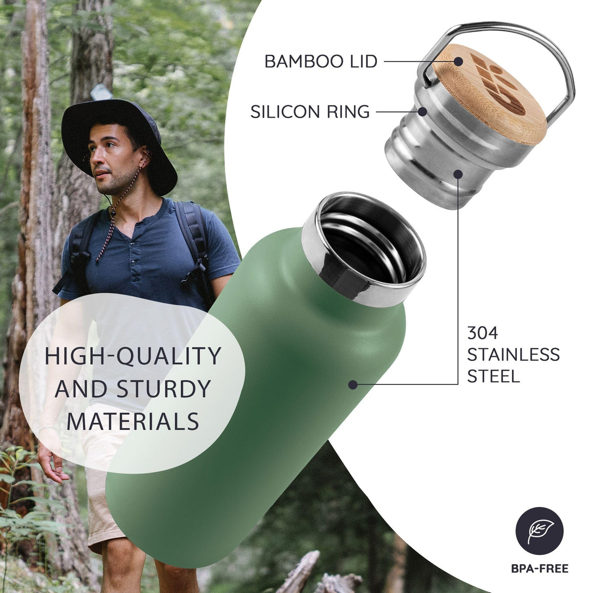 Bambaw bottle hiking companion in sage green bottle for on trail hydration.