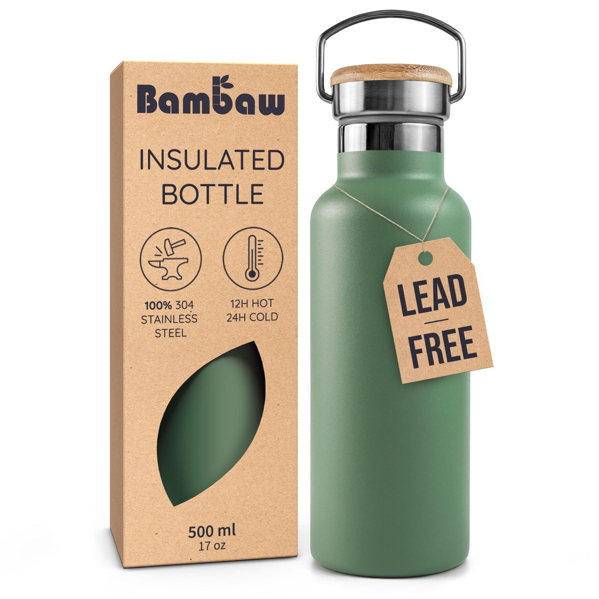 Bambaw insulated water bottle Sage Green, front view for portable hydration.