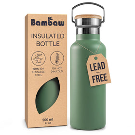 Bambaw insulated water bottle Sage Green, front view for portable hydration.