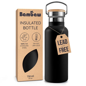 Bambaw insulated bottle with jet-black finish keeps drinks cold or hot on the go.