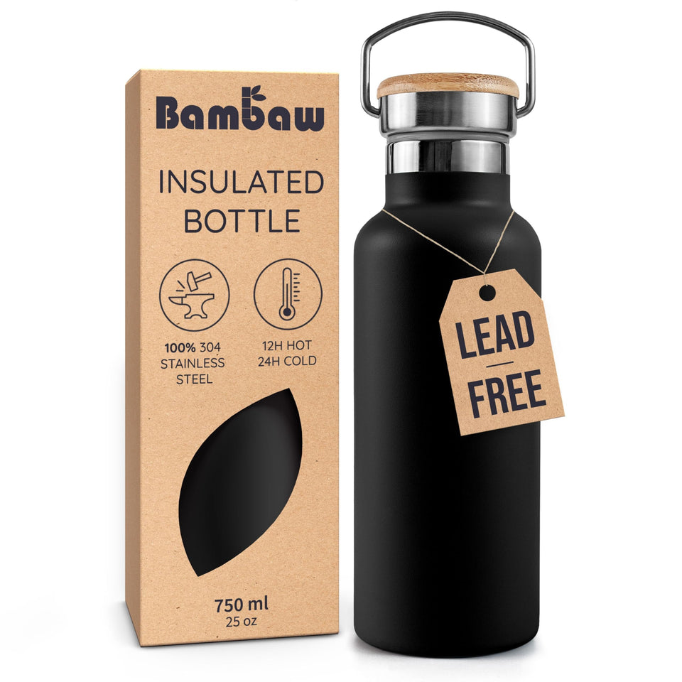 Bambaw insulated bottle with jet-black finish keeps drinks cold or hot on the go.
