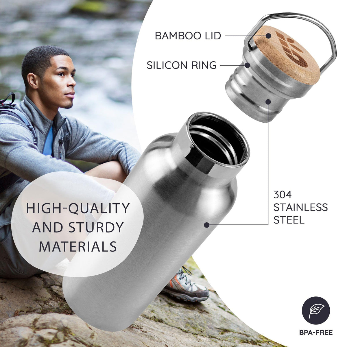 Bambaw stainless steel bottle on a hike keeps beverages cold for hours.