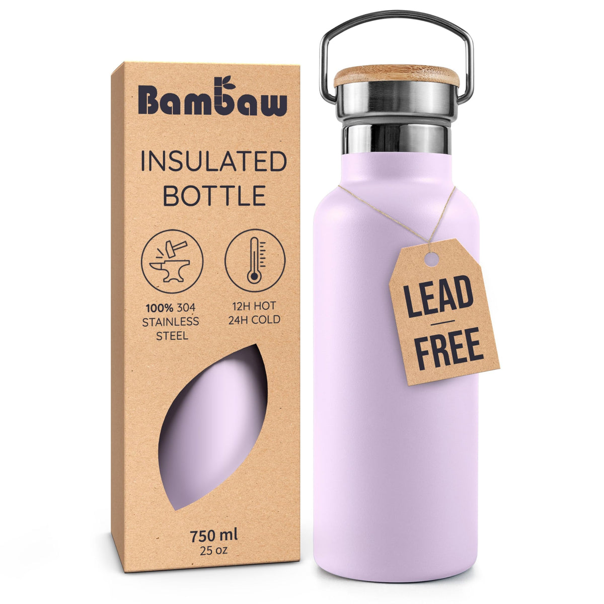 Bambaw water bottle Lavender Haze front view, durable 304 stainless steel for safe hydration.