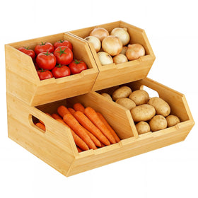 Bambition bamboo pantry bin stack neatly on a shelf for organized produce storage.