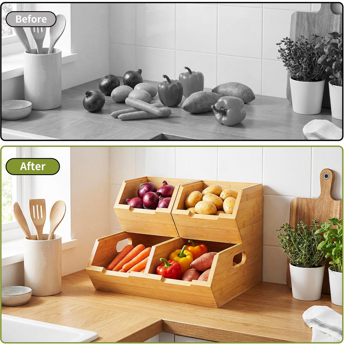 Bambition potato-tomato bin separates large produce for easy grabbing.