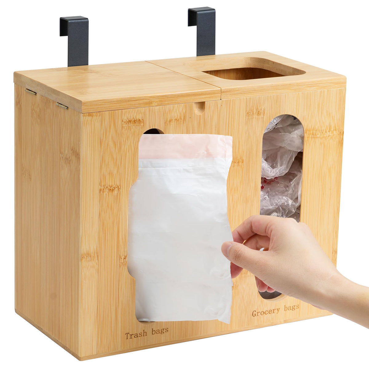Bambition trash dispenser with bamboo box lid open for quick bag access