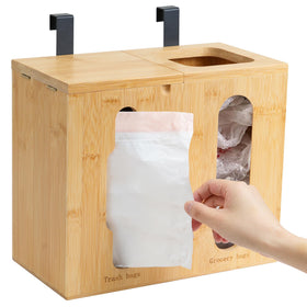 Bambition trash dispenser with bamboo box lid open for quick bag access
