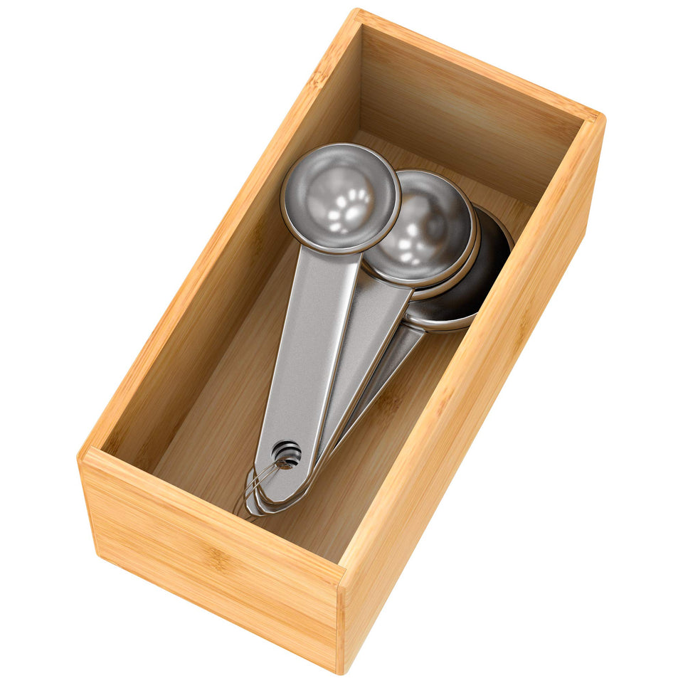 Bambloom bamboo drawer organizer 6x3x2.5 inch stores utensils neatly in a kitchen drawer