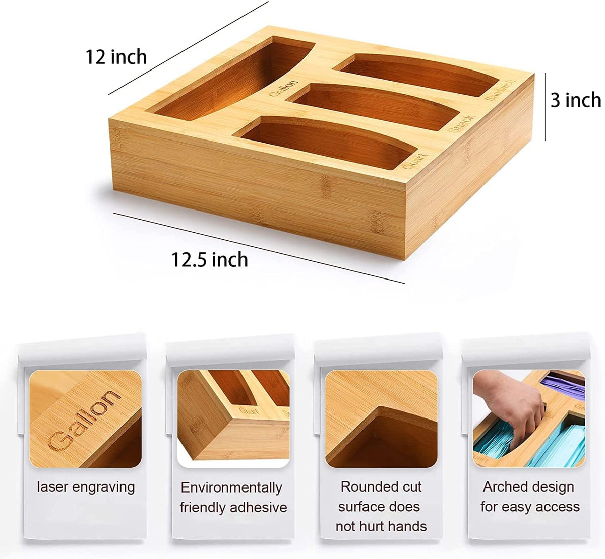 Bamboo Baggie Holder in front view highlights natural material and organized bag storage.
