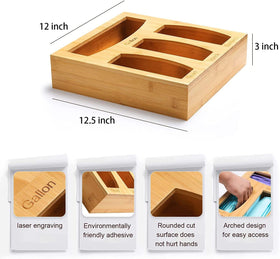 Bamboo Baggie Holder in front view highlights natural material and organized bag storage.