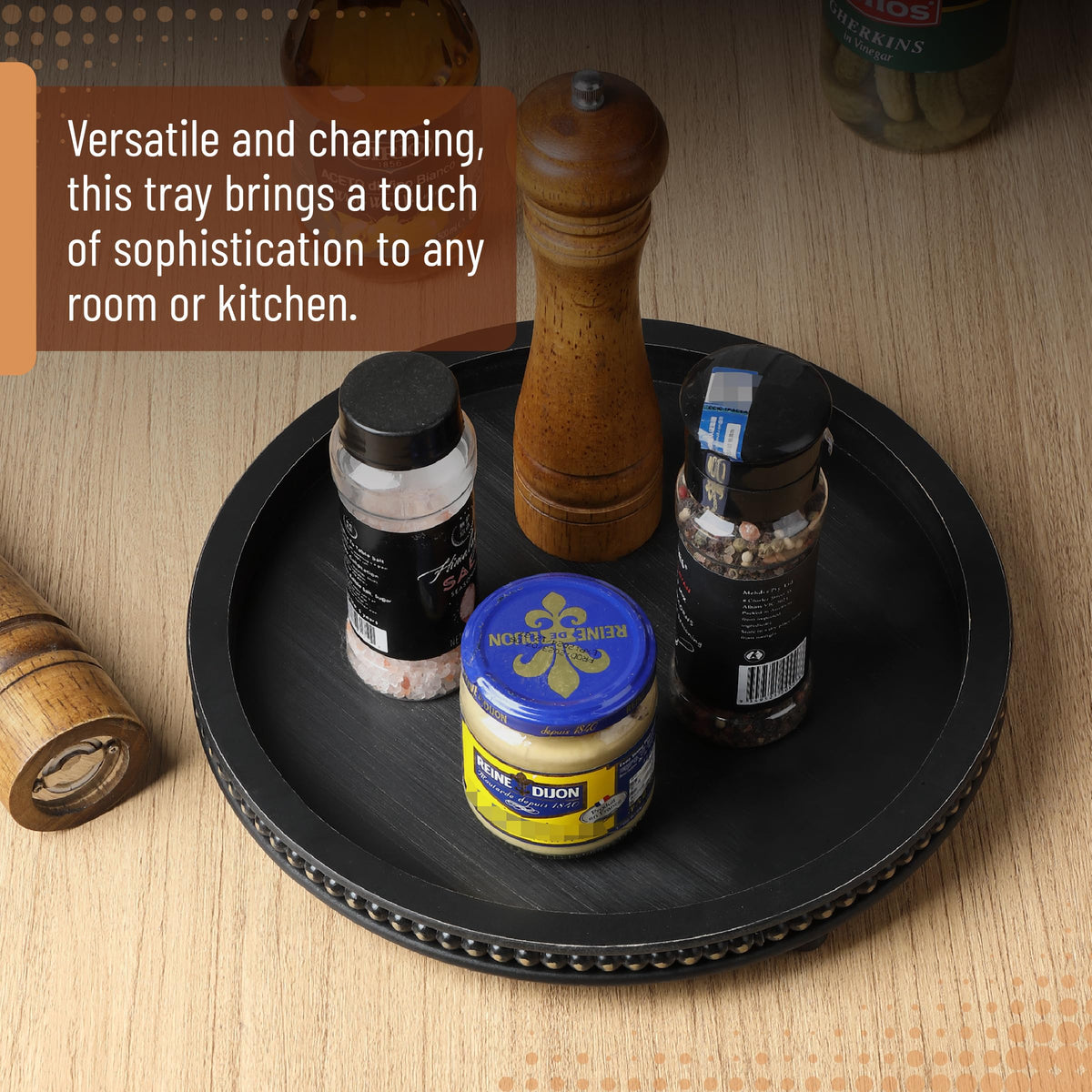 Bamboo Land round tray features sturdy wood construction for durable use.
