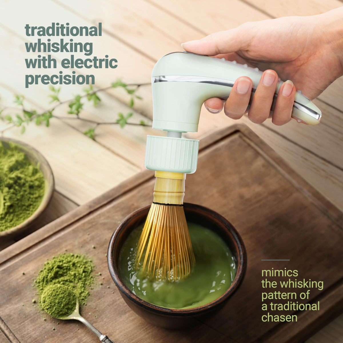 BAMBOOWORX Matcha Mate adapter two sizes for universal whisk compatibility.