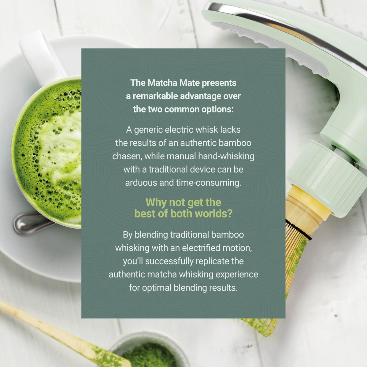 BAMBOOWORX bamboo whisk setup with Matcha Mate for traditional-inspired blending.