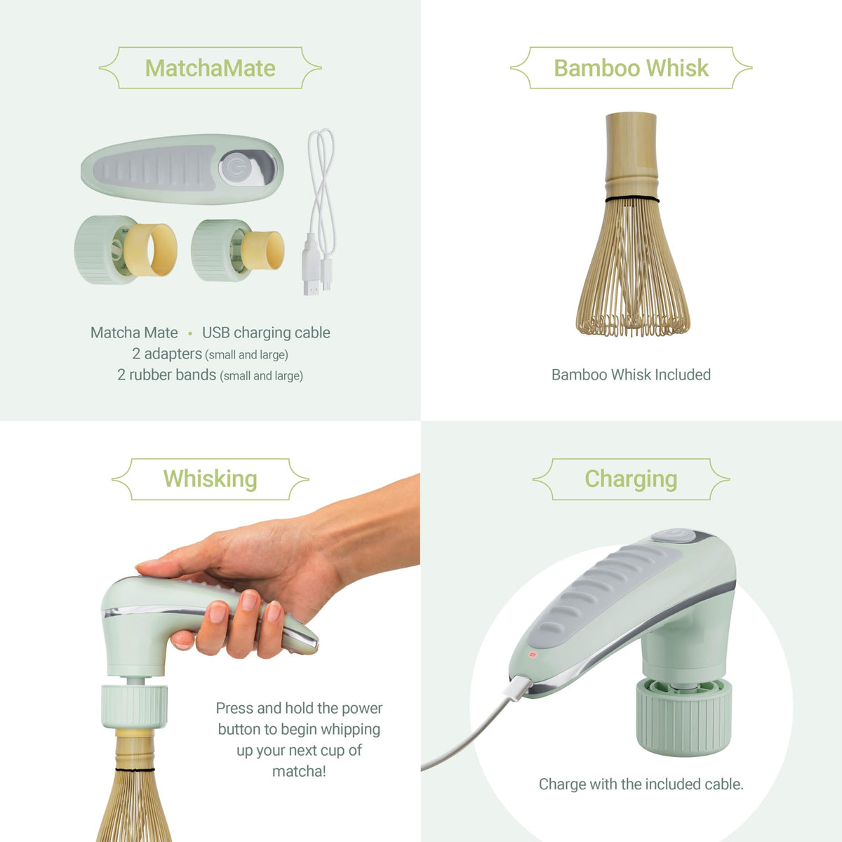BAMBOOWORX Matcha Mate electric chasen pattern mirrors traditional whisking.