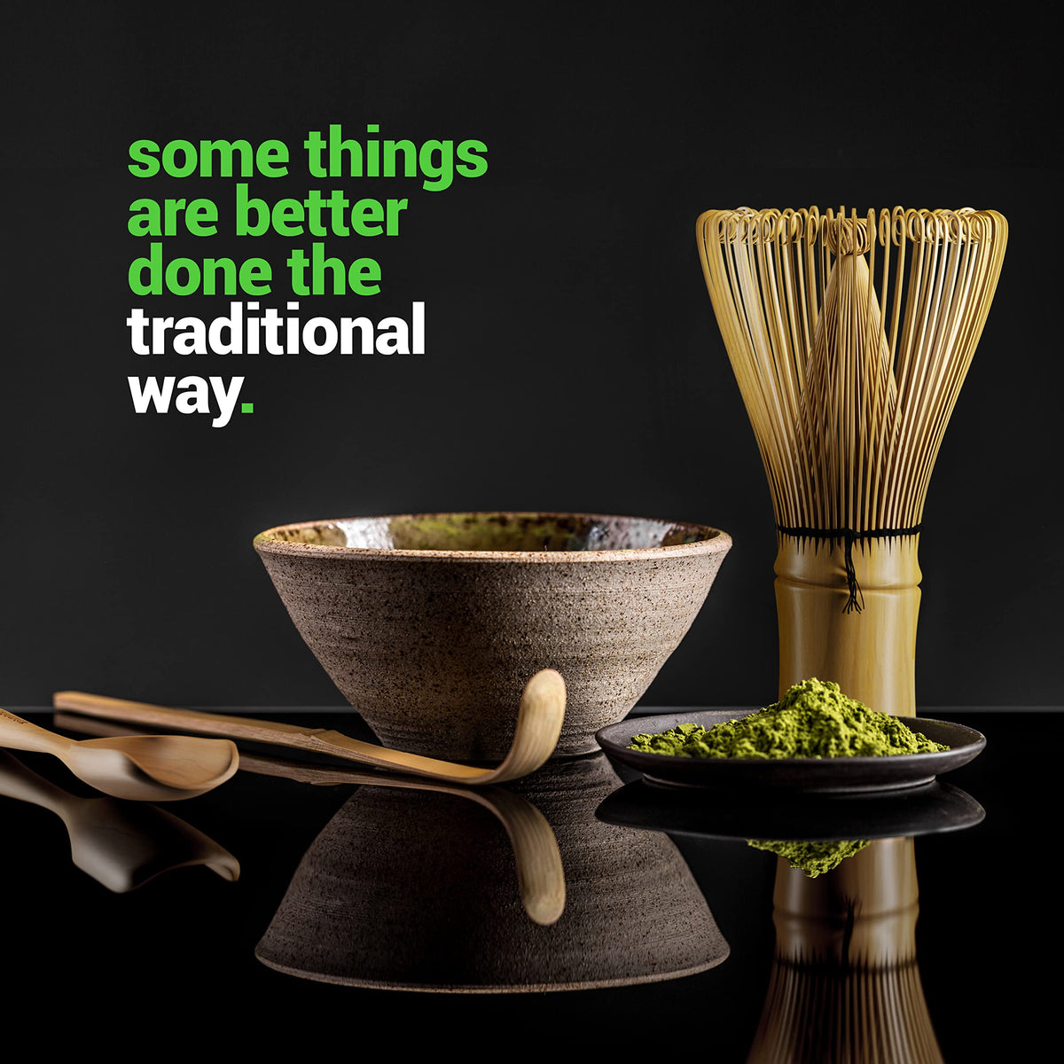 BAMBOOWORX tea spoon ideal for stirring and settling matcha powder.