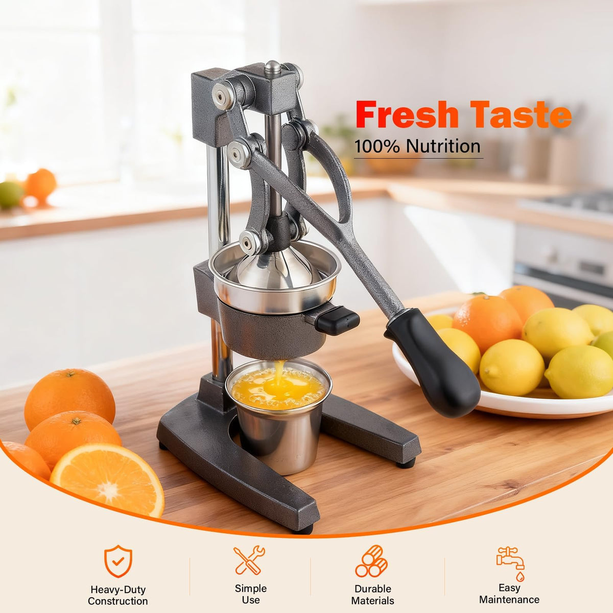 BAMBROX commercial citrus juicer shows stable base for continuous use.