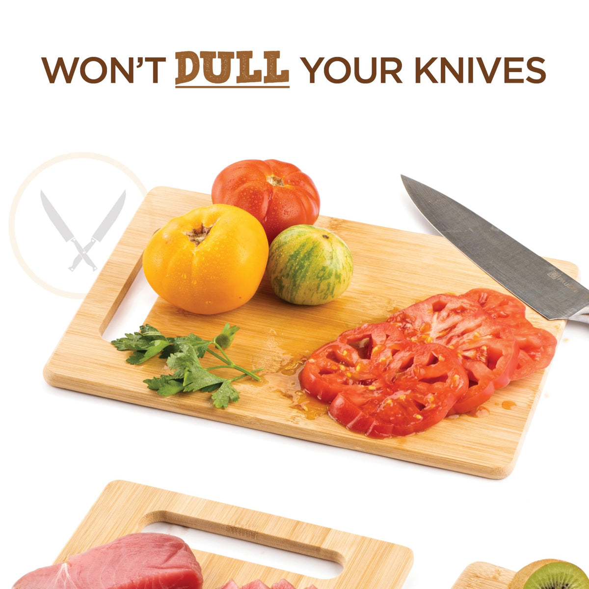 Easy to clean bamboo cutting board with warm water and mild soap for quick after-meal cleanup.