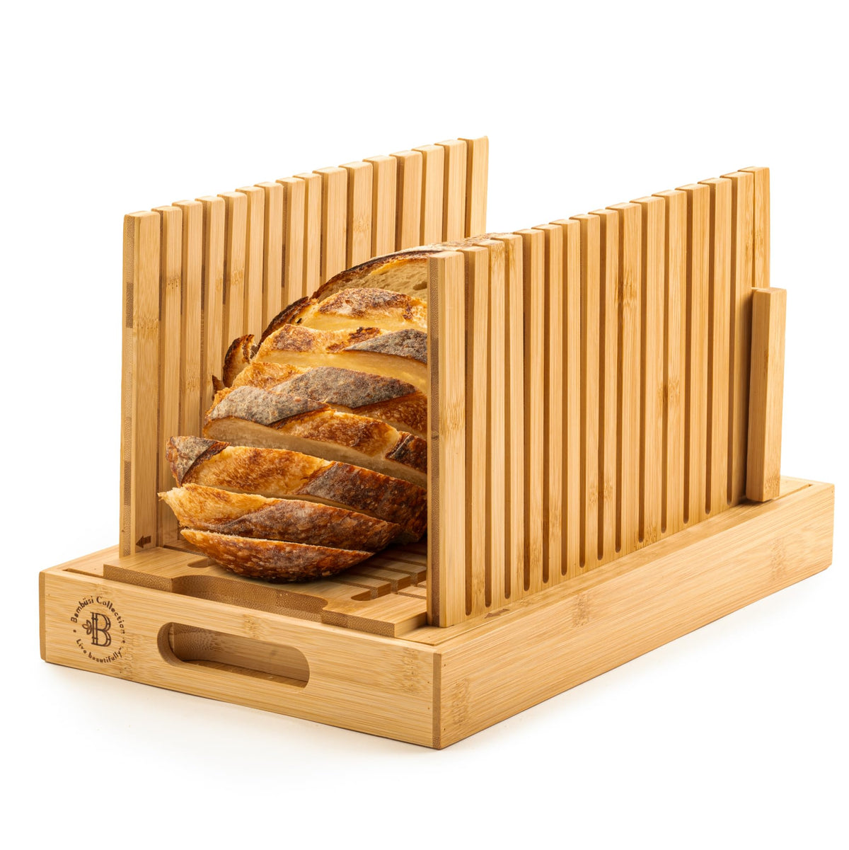 Bambüsi bread slicer foldable crumb tray for mess-free slicing and serving.