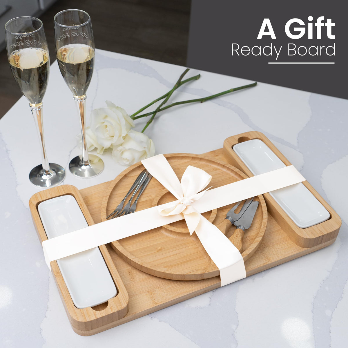 Included cheese knives and forks for easy cheese and cracker pairings.