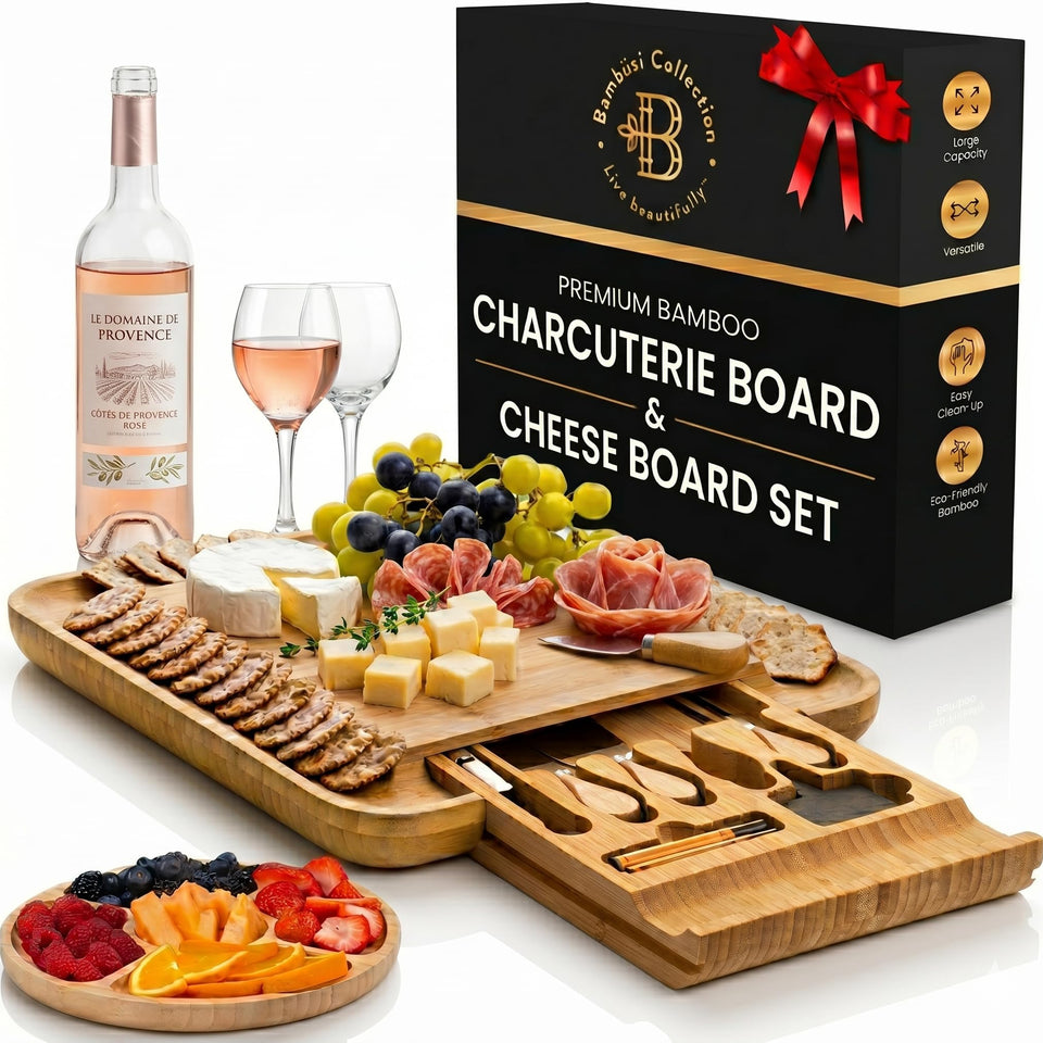 Bambüsi charcuterie board gift set full setup for elegant hosting occasions.