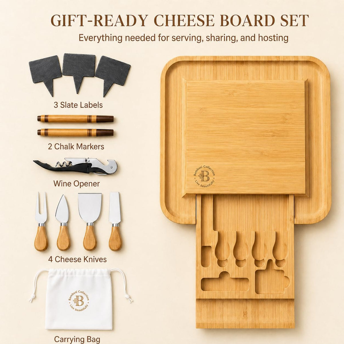 Bambüsi charcuterie board hidden drawer closeup reveals built-in knife storage.
