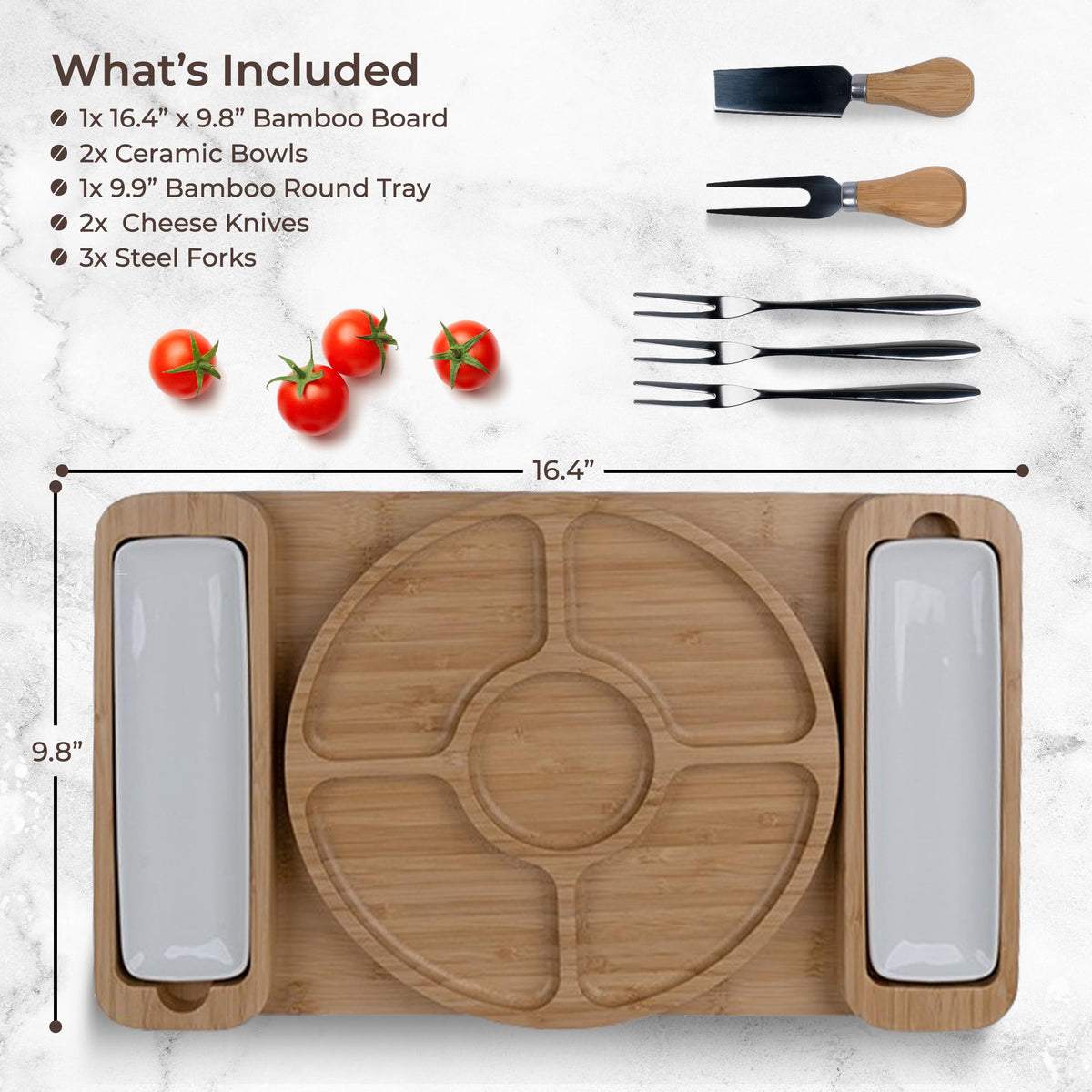 Removable ceramic bowls keep dips neatly organized for guests.