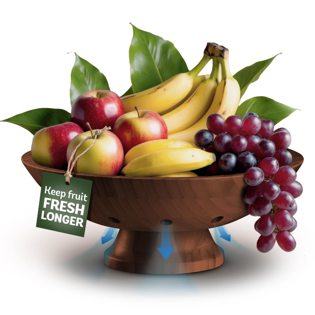 Bambüsi fruit bowl on kitchen counter with ventilation keeps produce fresh longer.