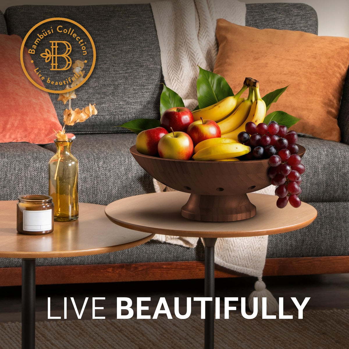 Bambüsi fruit bowl provides large space for apples, bananas, and oranges.
