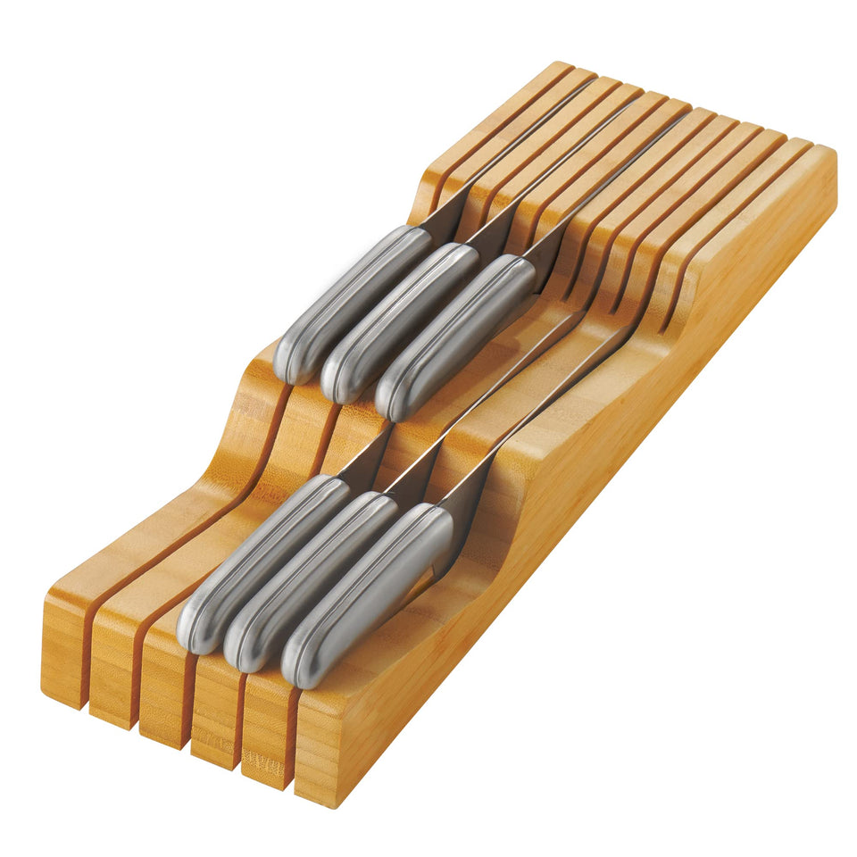 Bambüsi knife drawer organizer with 16-slot layout keeps blades neatly stored and accessible.