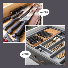 Bambüsi knife storage drawer safeguards blades with blade-down design for safety.